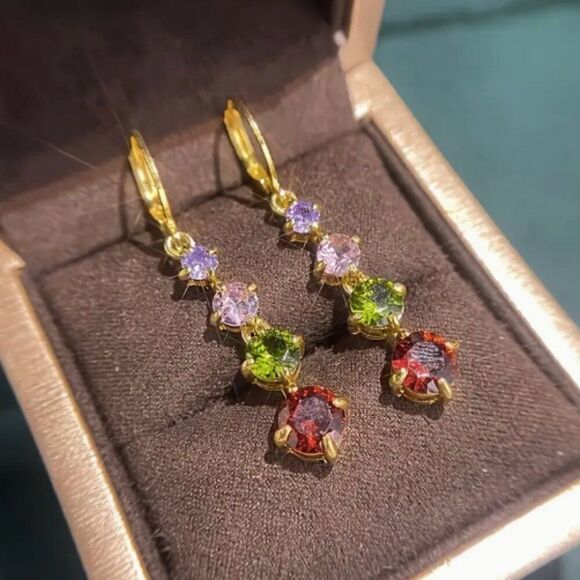 ✨Elegant Gold Plated Colored Simulated Gemstones Drop Earrings ✨ - Picture 7 of 15